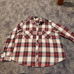 Red white and blue with black plaid shirt